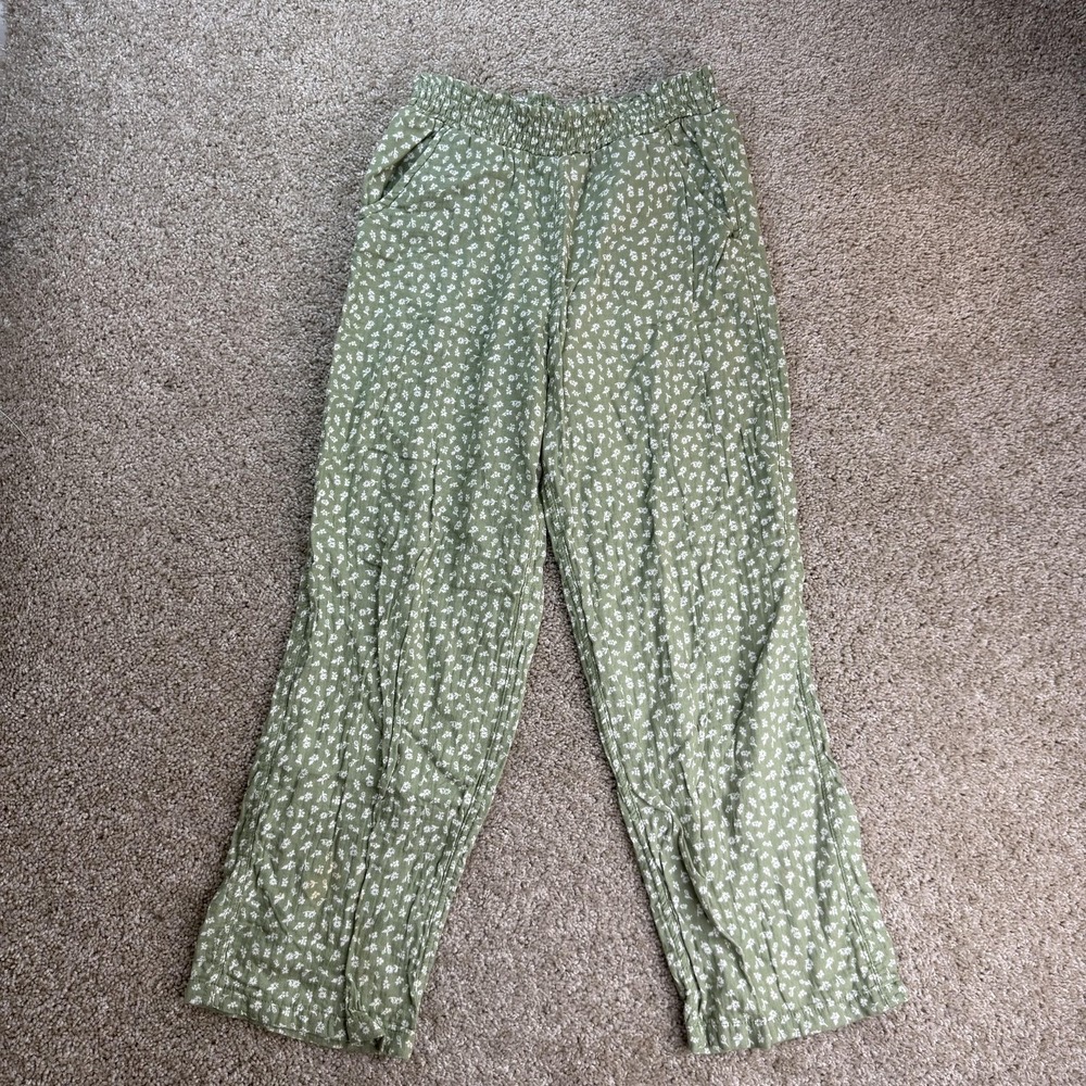 Cat & Jack Jogger Pants Girls 10-12 Green Floral Cotton Elastic Waist Lounge